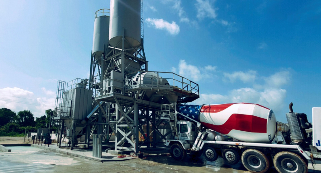 concrete plant with a concrete truck with an american flag design